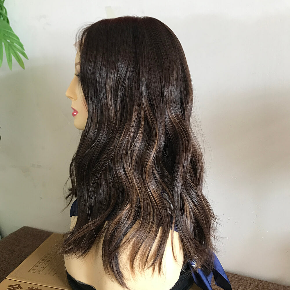 DBHL12 Dark Brown Color with Highlight Brazilian Virgin Hair Lace Top Wigs - Double Show Hair Wigs