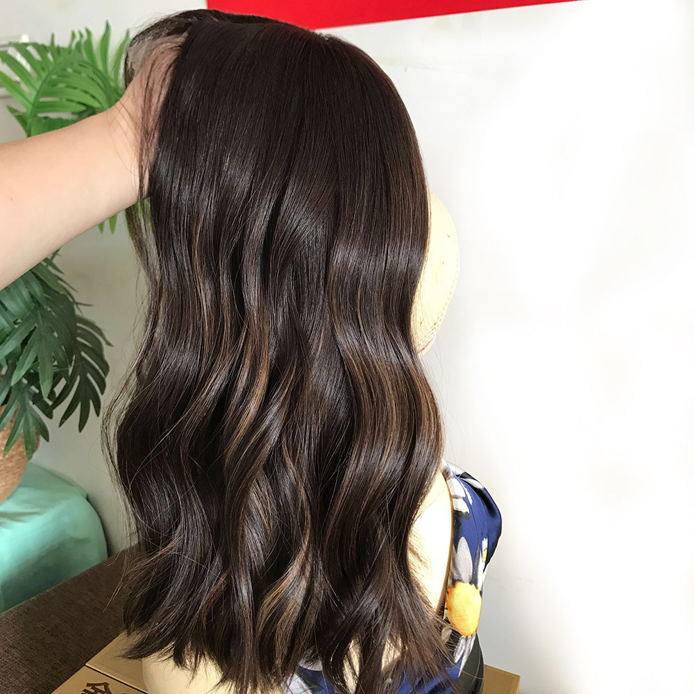 DBHL12 Dark Brown Color with Highlight Brazilian Virgin Hair Lace Top Wigs - Double Show Hair Wigs