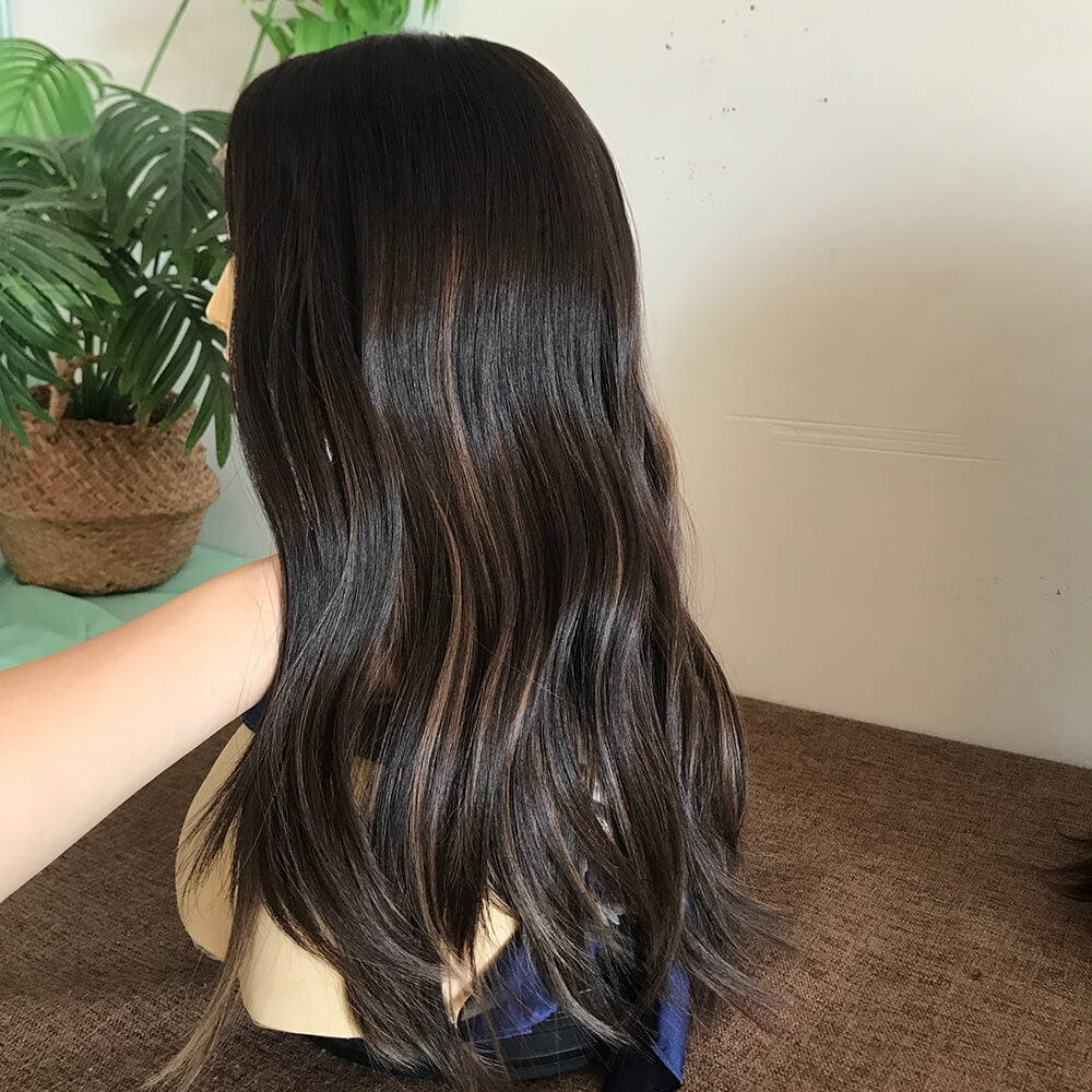 Euro Glam Lace Front Jewish Wig Dark Brown with Highlights - Double Show Hair Wigs