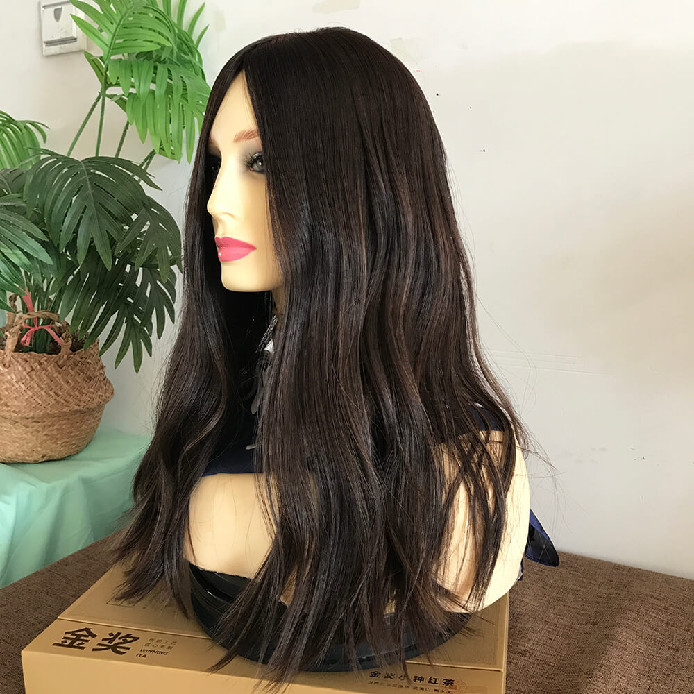 Dark Brown Highlighted Human Hair Wig with Skin Top European hair - Double Show Hair Wigs