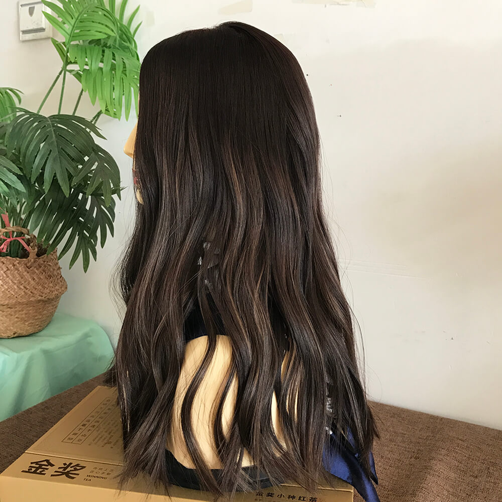 Dark Brown Highlighted Human Hair Wig with Skin Top European hair - Double Show Hair Wigs