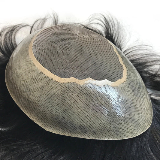 Customized Human Hair Toupee for Men Gauze Poly skin with mono center - Double Show Hair Wigs