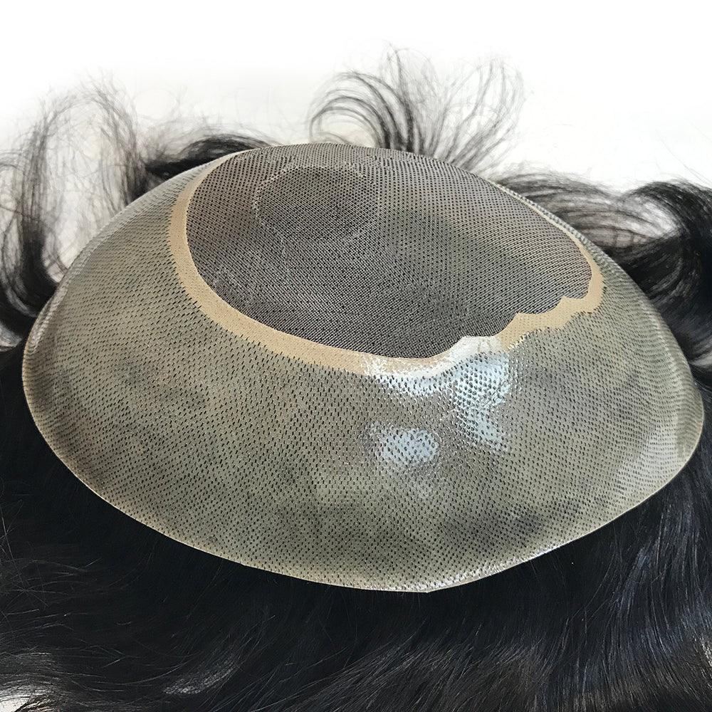 Customized Human Hair Toupee for Men Gauze Poly skin with mono center - Double Show Hair Wigs