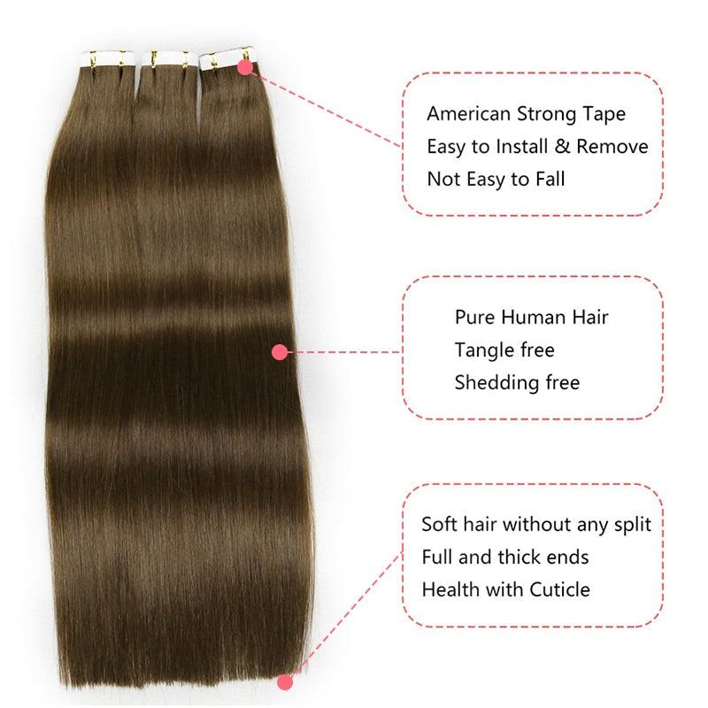 Straight Tape In Human Hair Extensions Machine Brazilan Remy Natural Seamless Skin Weft Hair - Double Show Hair Wigs